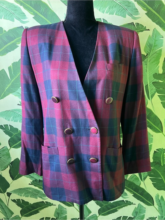 Worthington Jackets & Blazers - Vintage Worthington Petite Burgundy Navy Blue Plaid Check Preppy Blazer 10